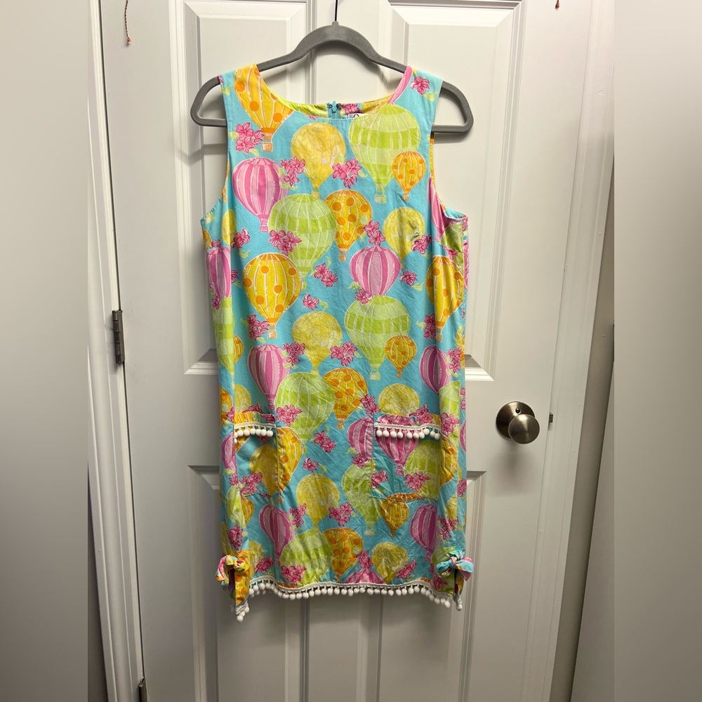 Lilly Pulitzer Aqua Hot Air Balloon Shift Dress Pom poms excellent condition